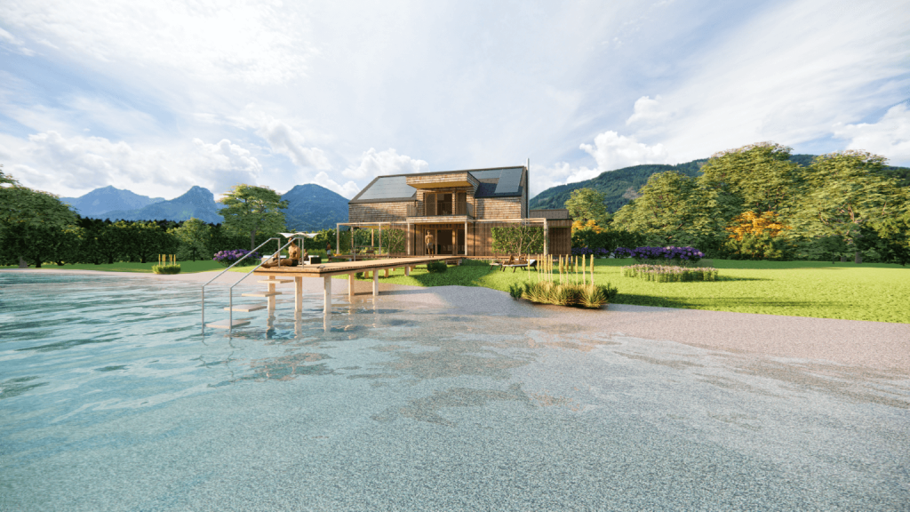 Modernes Seehaus am Wolfgangsee mit Steg und umliegender Natur. Ideal für Bauprojekte in Salzburg.