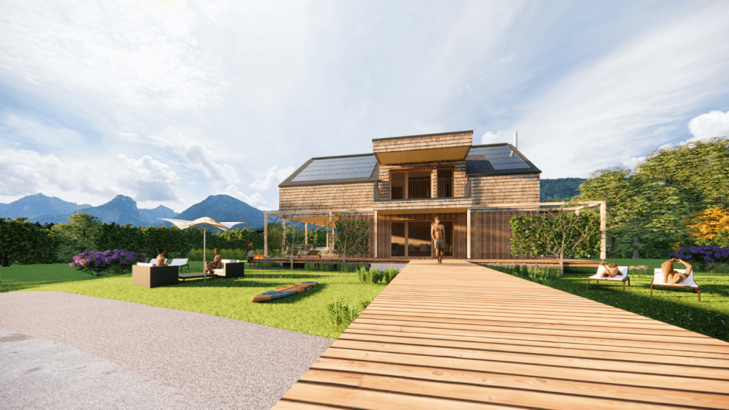 Modernes Seehaus am Wolfgangsee mit flachem Dach, Holzfassade und grünem Garten.