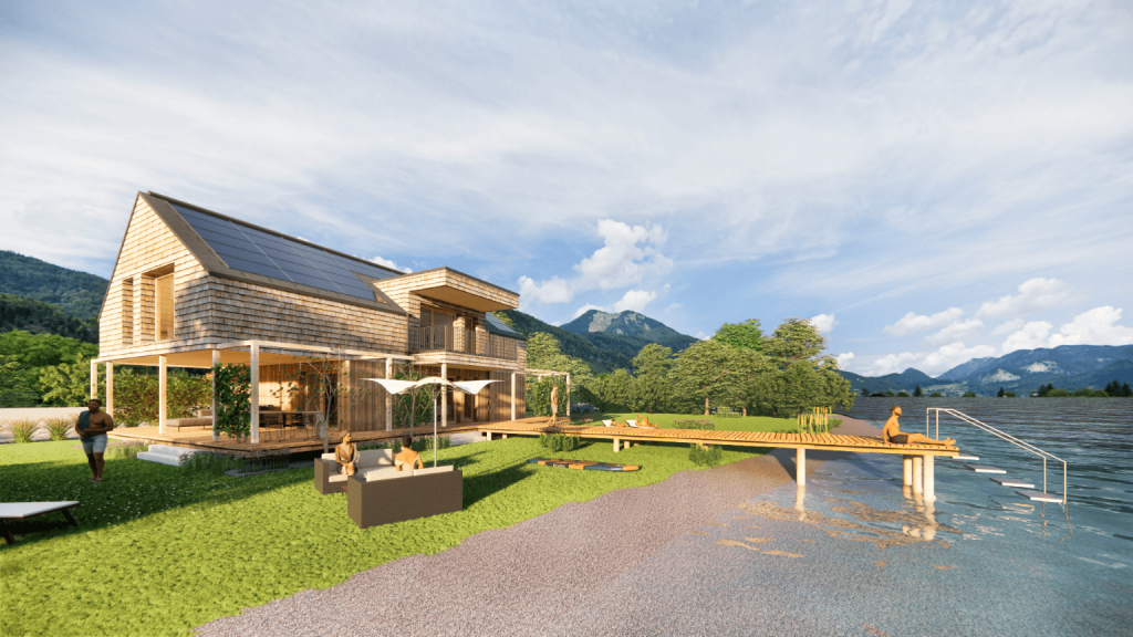 Modernes Seehaus am Wolfgangsee mit Terrasse, Bootssteg und malerischer Berglandschaft.