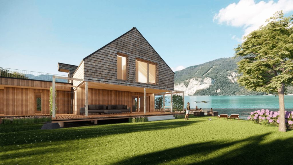 Modernes Seehaus am Wolfgangsee mit Holzverkleidung und umliegender Landschaft.