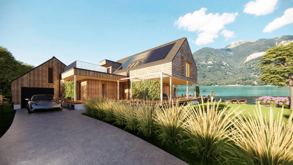 Modernes Seehaus am Wolfgangsee mit nachhaltigen Materialien und großzügiger Terrasse.