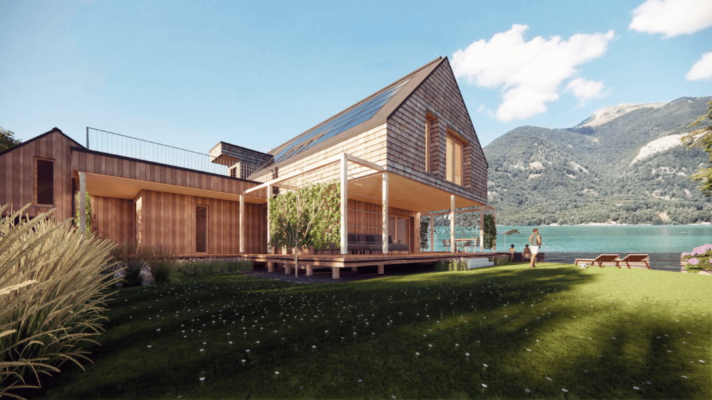 Modernes Seehaus am Wolfgangsee mit Holzfassade und Terrasse in naturnaher Umgebung.